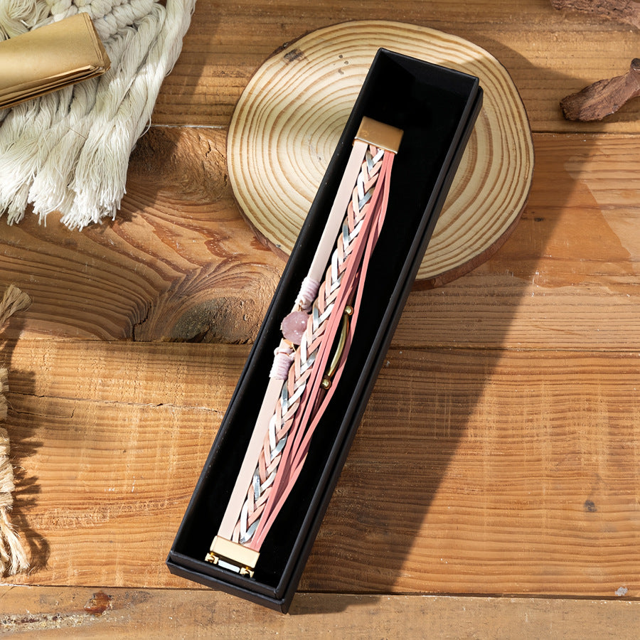 Wholesale stacked woven pu magnetic clasp winding diamond leather bracelet