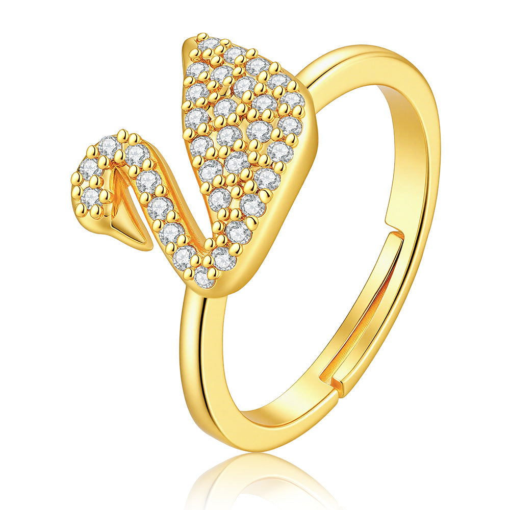 Wholesale Chic Gold Tone Swan Zircon Ring Adjustable Open Design Fashion Jewelry Accessory For Everyday Wear And Boutique Resale