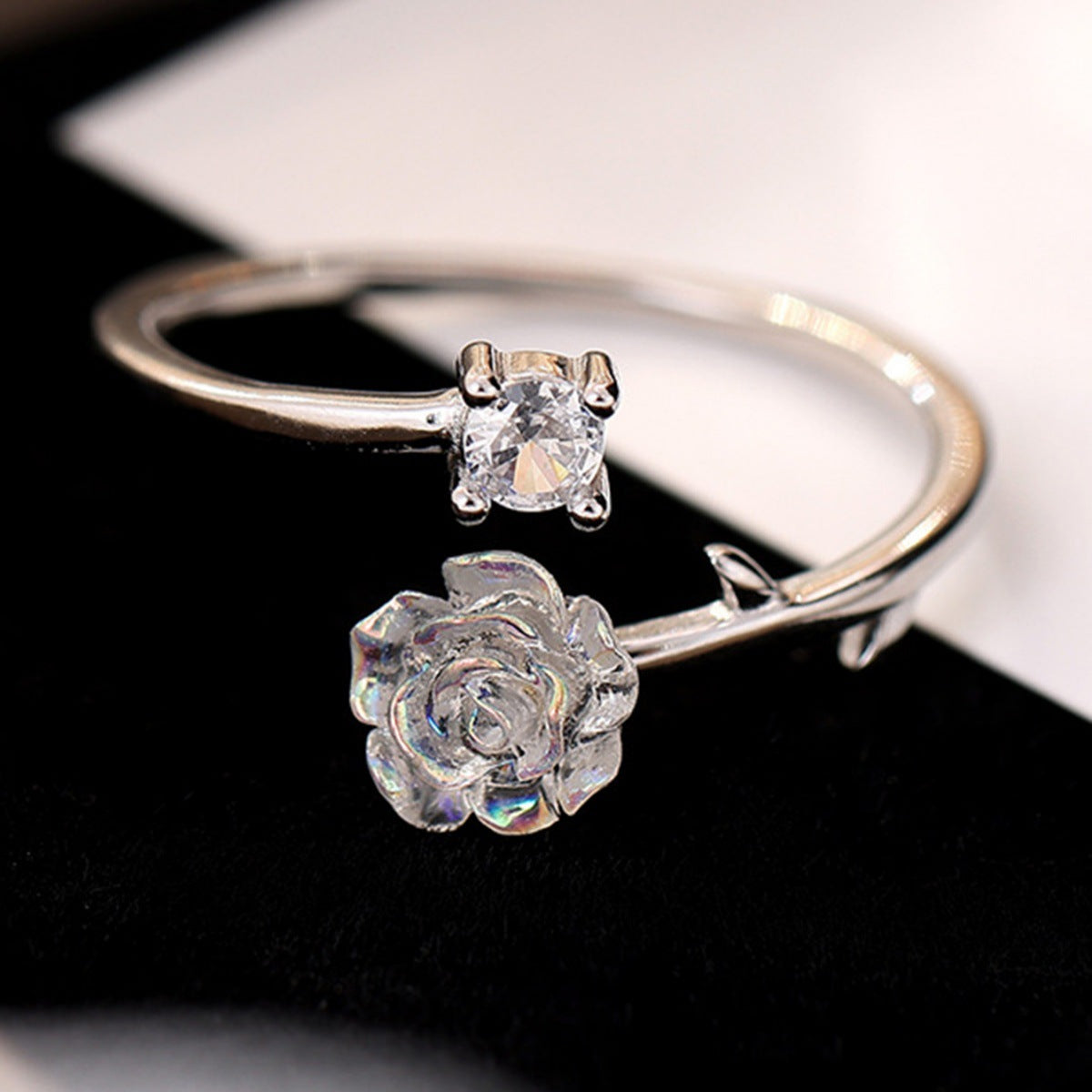 Wholesale  Light Luxury Design Rhinestone Camellia Flower Opening Ring