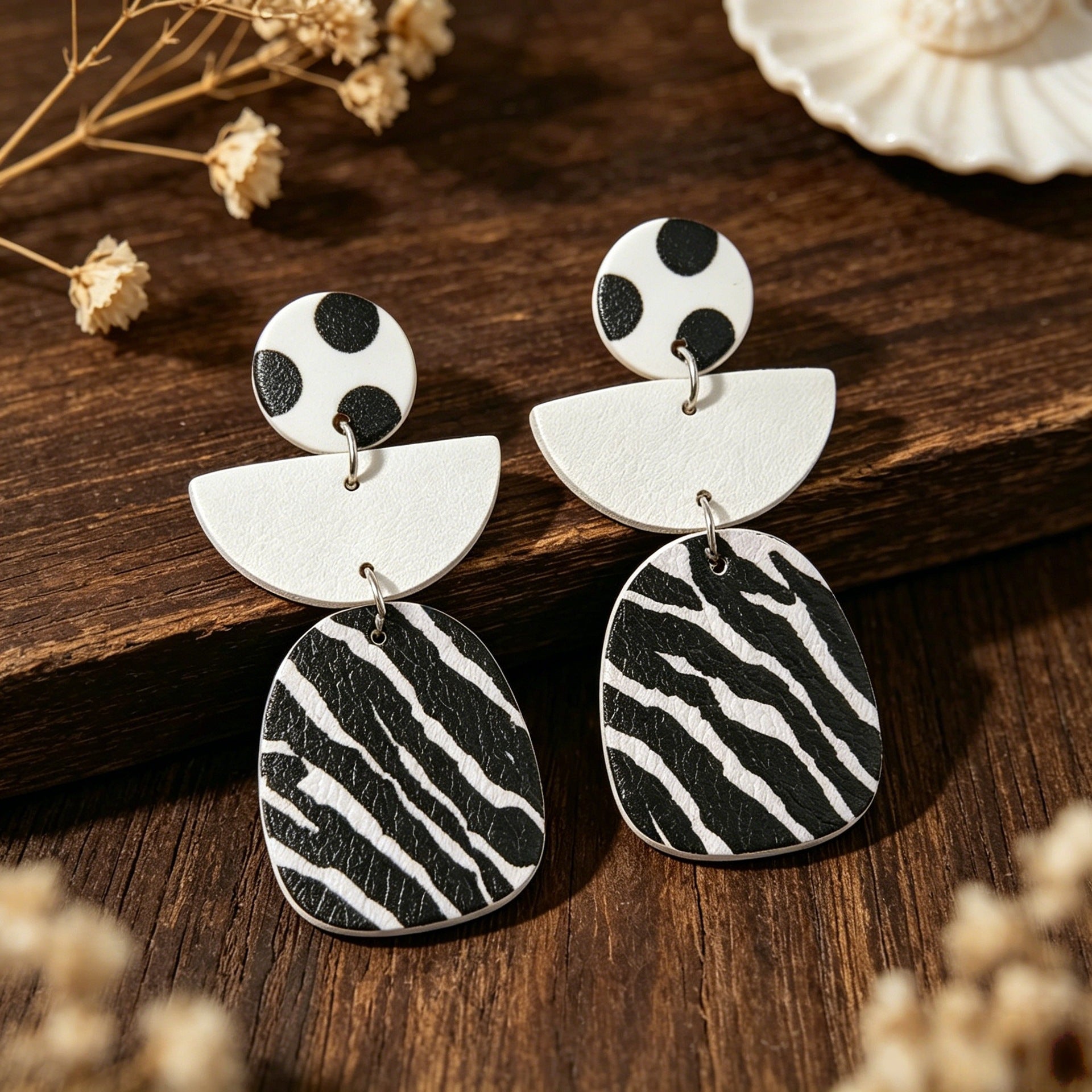 Wholesale Geometric Leather Earrings with Black White Polka Dot Zebra Pattern for Party Fashion Accessory