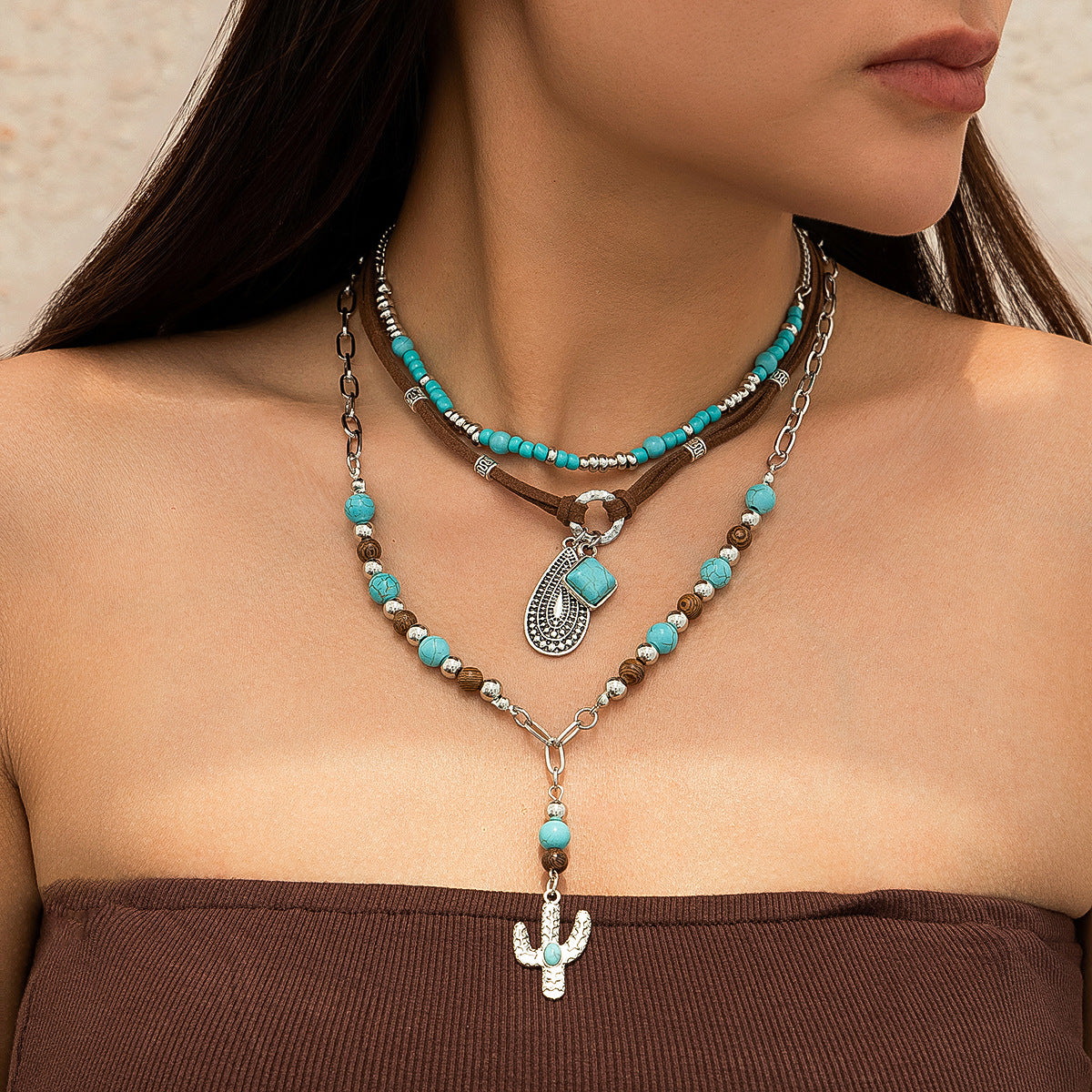 Wholesale Vintage Ethnic Beaded Necklace Set with Cactus Motif Fashion Accessory