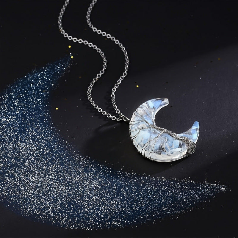 Wholesale Boutique Wire Wrapped Crescent Moon Tree Of Life Amethyst Crystal Necklace Jewelry Accessory