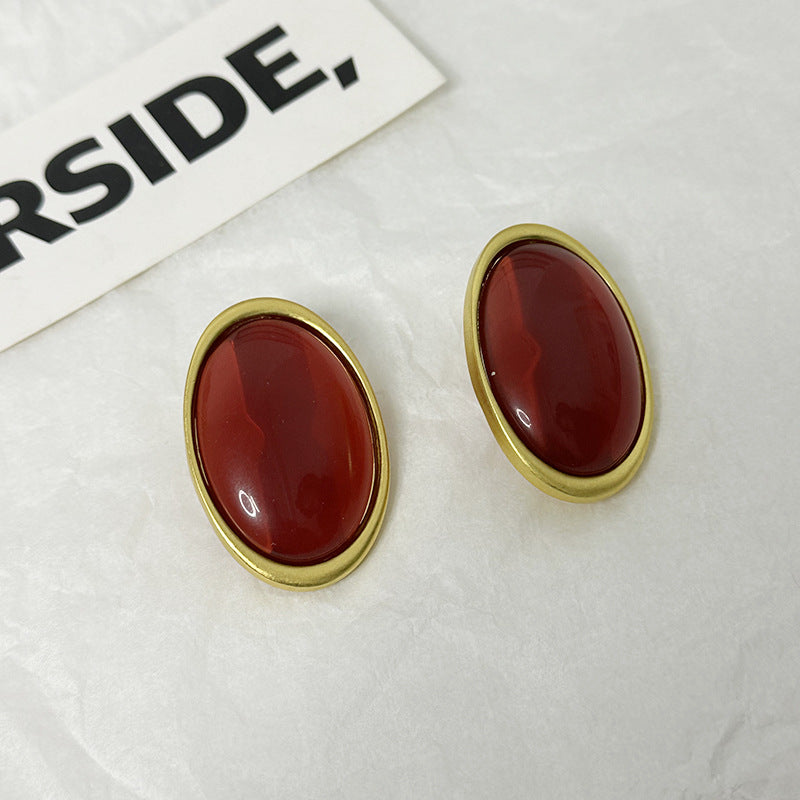Wholesale  light luxury retro wine red resin oval earrings