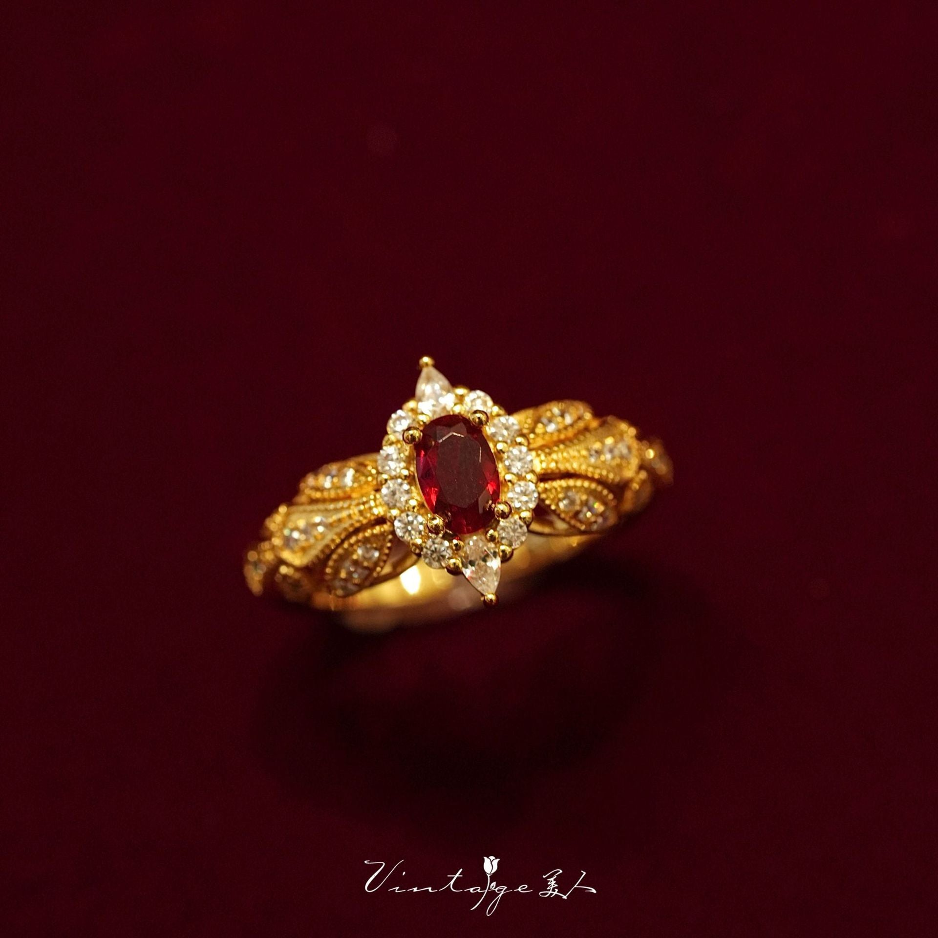 Wholesale Vintage French Court Style Red Ruby Open Ring,  Copper Electroplate,  Adjustable Open Ring for Everyday Fashion Accessory