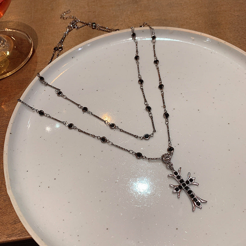 Wholesale Dark Style Silver Cross Choker Necklace Copper Electroplated Double Layer Jewelry Accessory