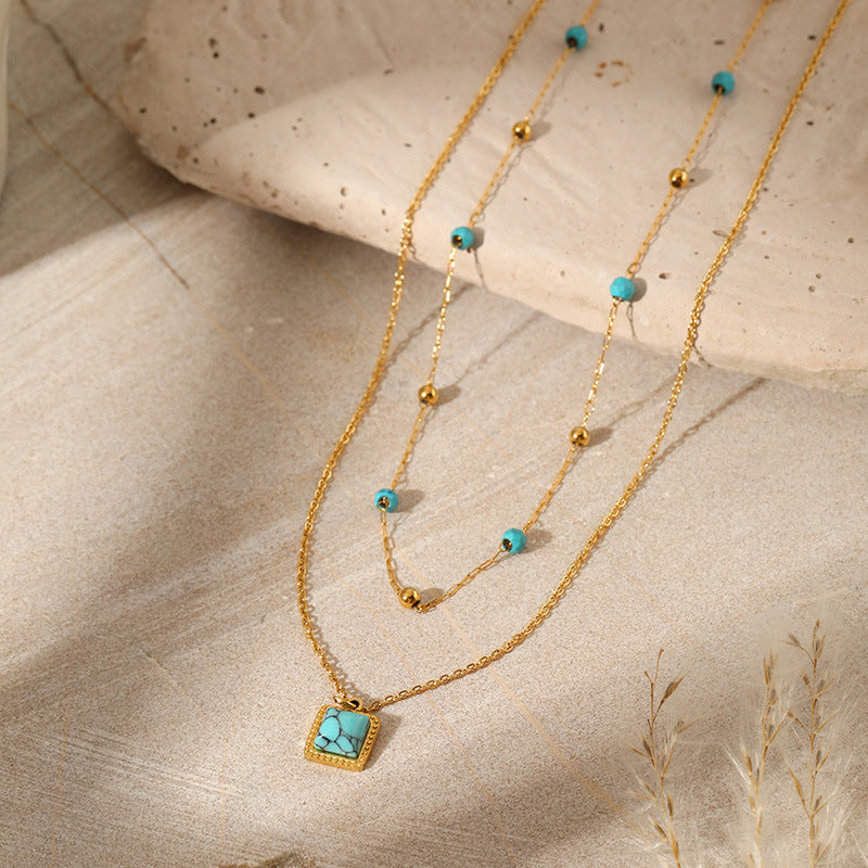 Wholesale Stainless Steel  Double-layer Turquoise Pendant Necklace