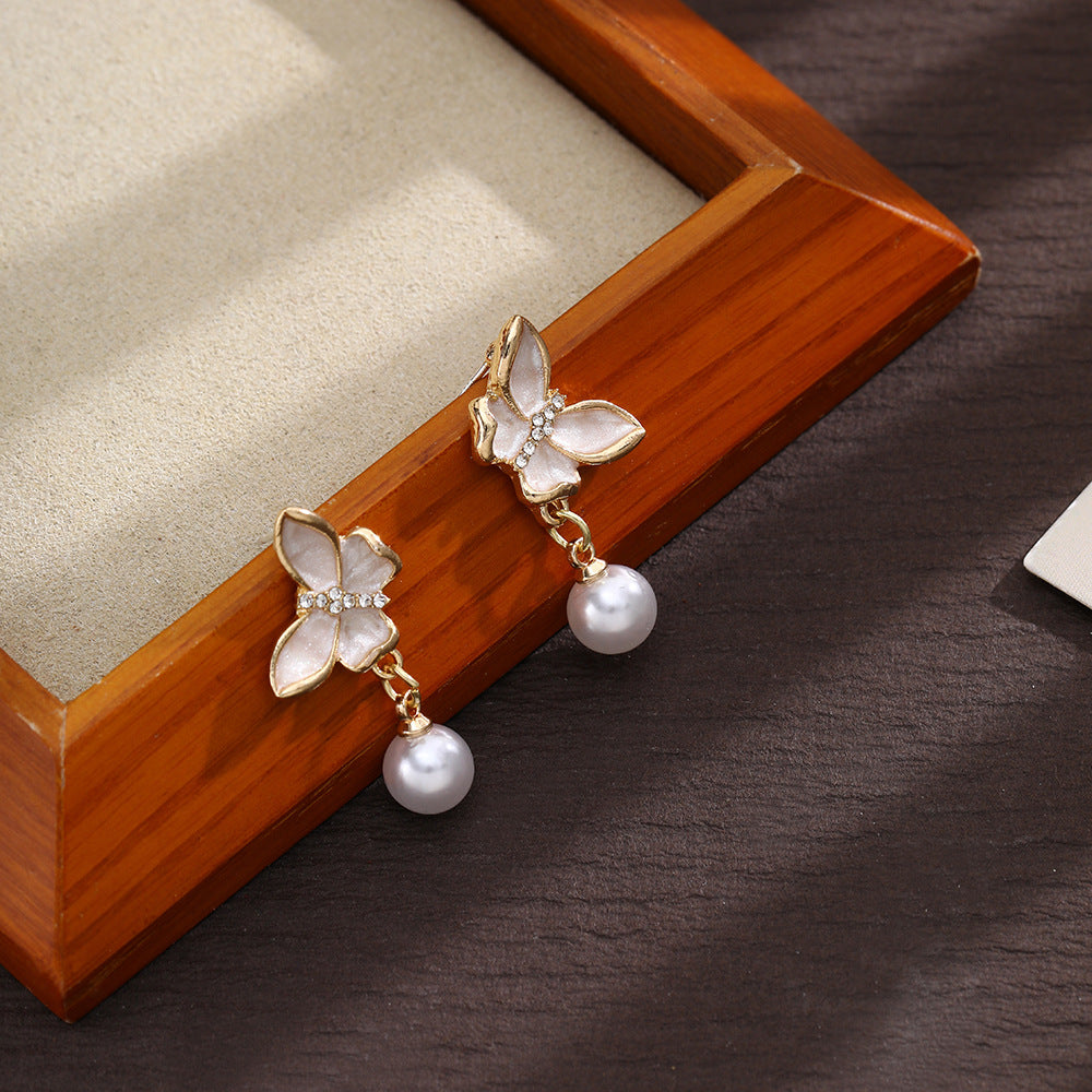 Wholesale Zircon butterfly pearl drop earrings