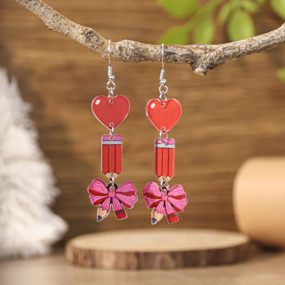 Wholesale Colorful Dopamine Back to School Season Teacher' s Day Pencil Heart Earrings