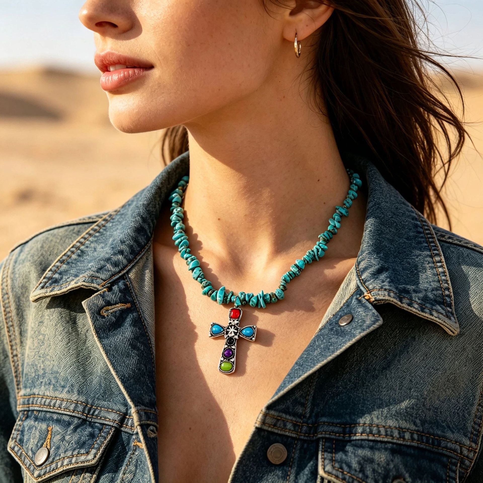 Wholesale Retro Turquoise Chip Stone Cross Pendant Choker Necklace Chic Fashion Jewelry Accessory For Gift Boutique Resale