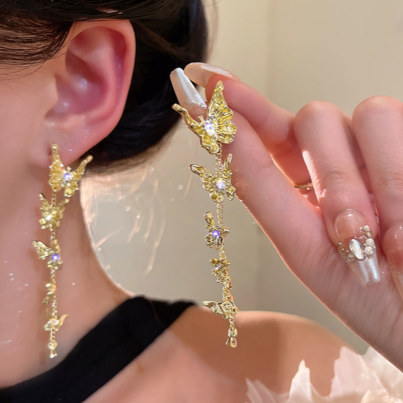 Wholesale Retro Golden Butterfly Tassel Earrings