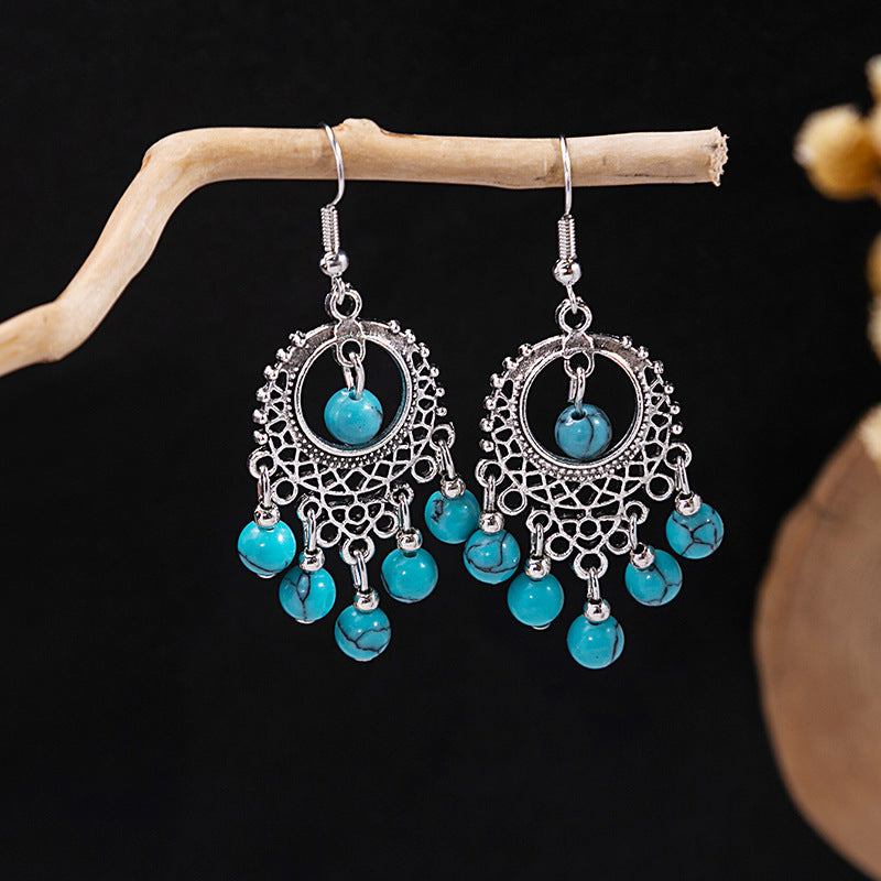 Wholesale Retro Ethnic Style Blue Turquoise Tassel Earrings Handmade Zinc Alloy Boutique Resale Jewelry Accessory