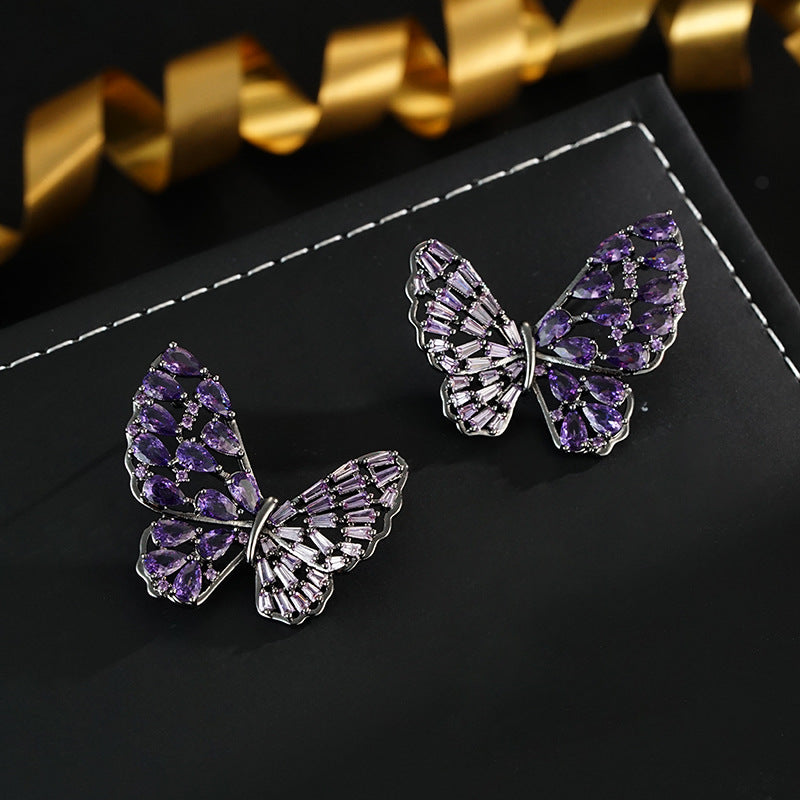 Wholesale Butterfly full inlaid  luxury elegant 925 silver needle stud earrings