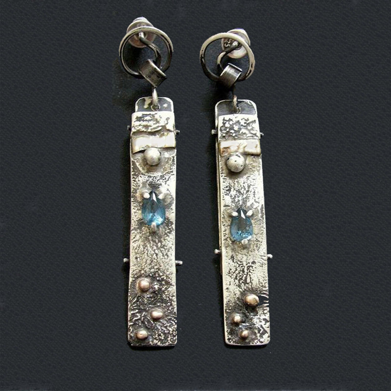 Wholesale  tribal ethnic style pendant earrings long blue stone handmade alloy earrings