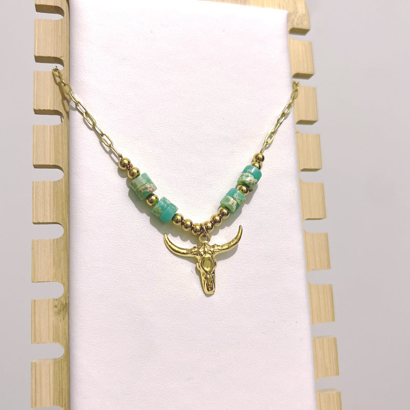 Wholesale Bohemian Bull Head Pendant Stainless Steel Natural Stone Necklaces ACC-NE-Youbi003