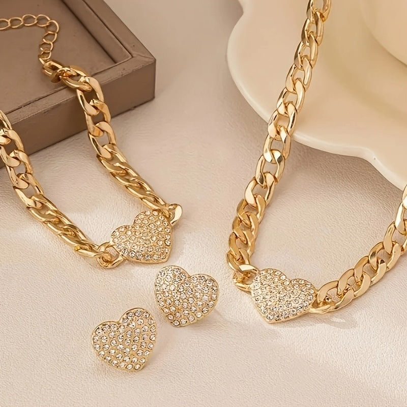 Wholesale Trendy Gold Heart Cuban Chain Jewelry Set Fashion Earrings Necklace Bracelet Set For Women Everyday Jewelry Accessory Gift