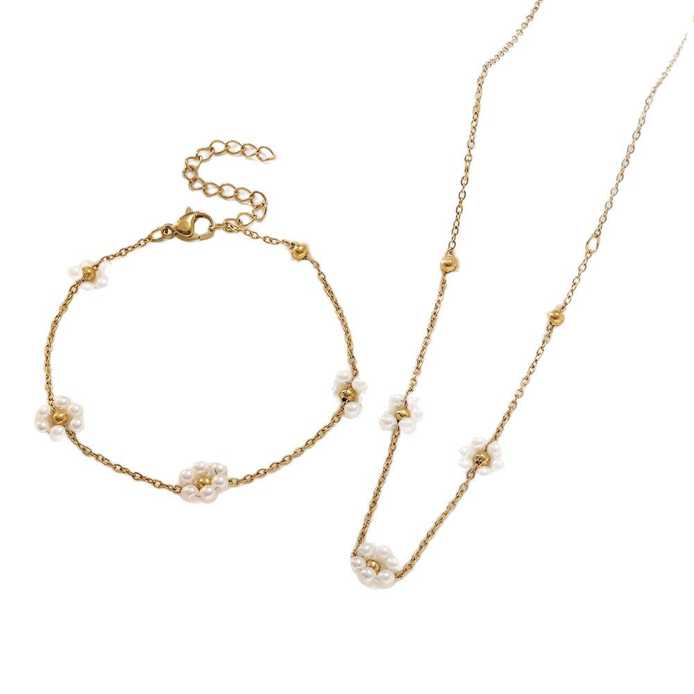 Wholesale Titanium Steel Braided Flower Pearl Necklace