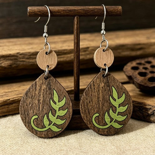 Wholesale Vintage Wooden Leaf Print Drop Earrings For Women Fashion Jewelry Accessory