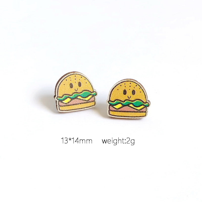 Wholesale Cute Wood Food Cookie  Hamburger Fries Pizza Donut Milk Omelette Earrings