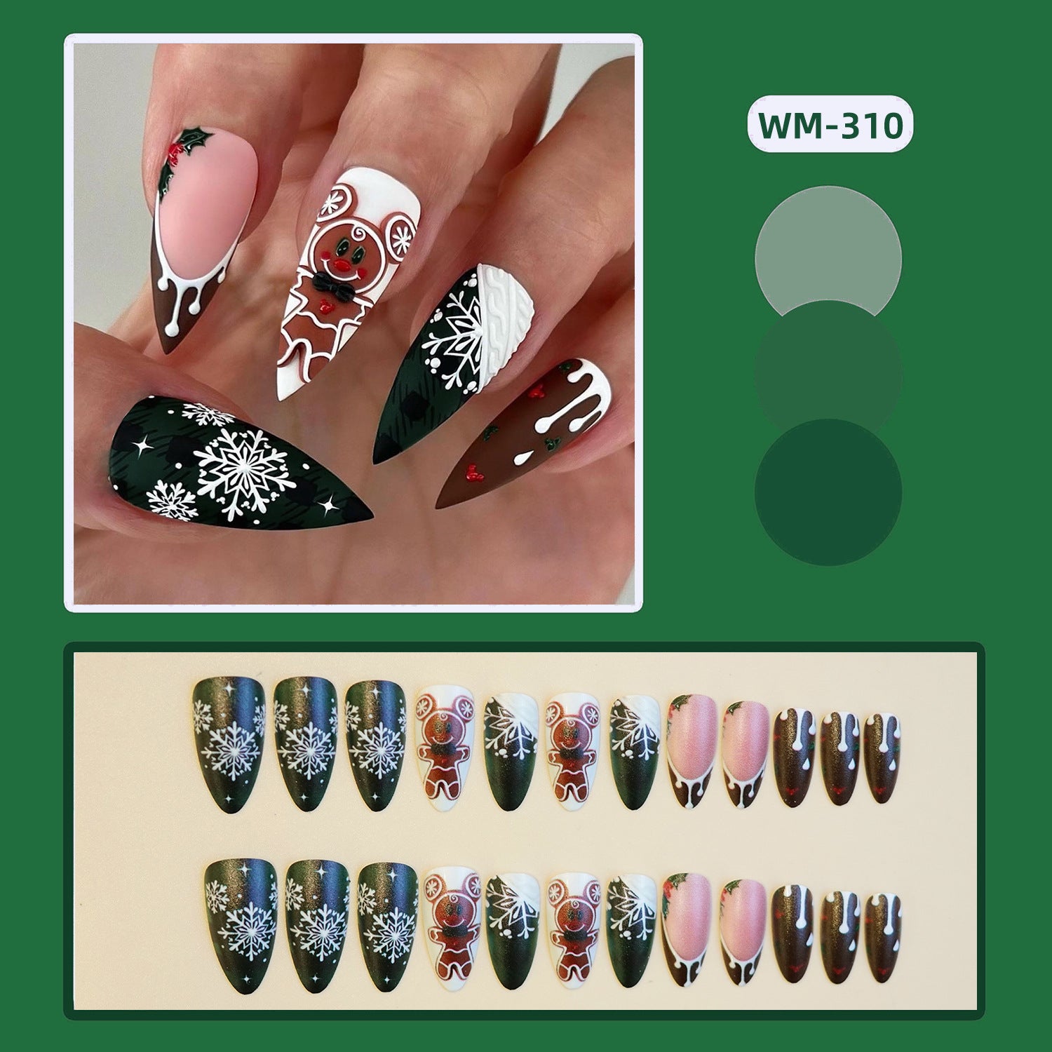 Wholesale 24 Pieces/ box Brown and Green Gingerbread Christmas Nails Kits Nail Stickers
