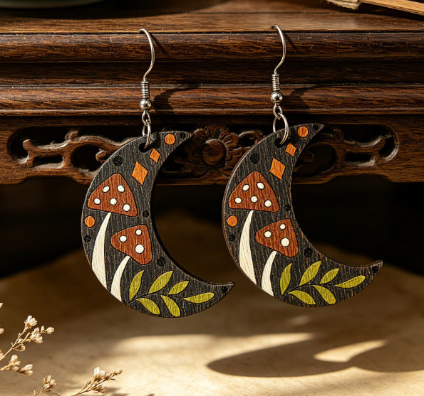Wholesale Retro Moon Flower Wooden Earrings Printed Leaf Design Fashion Jewelry Accessory For Boutique Resale Gift