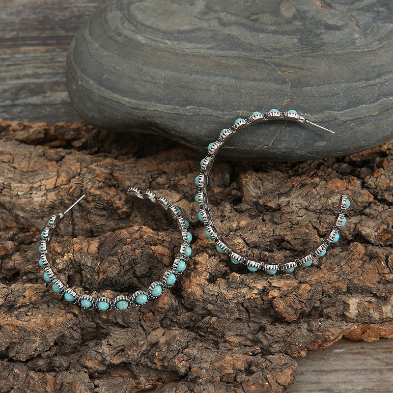 Wholesale Alloy Electroplated Retro Geometric Circle Earrings with Turquoise Inlay - Fashion Accessory