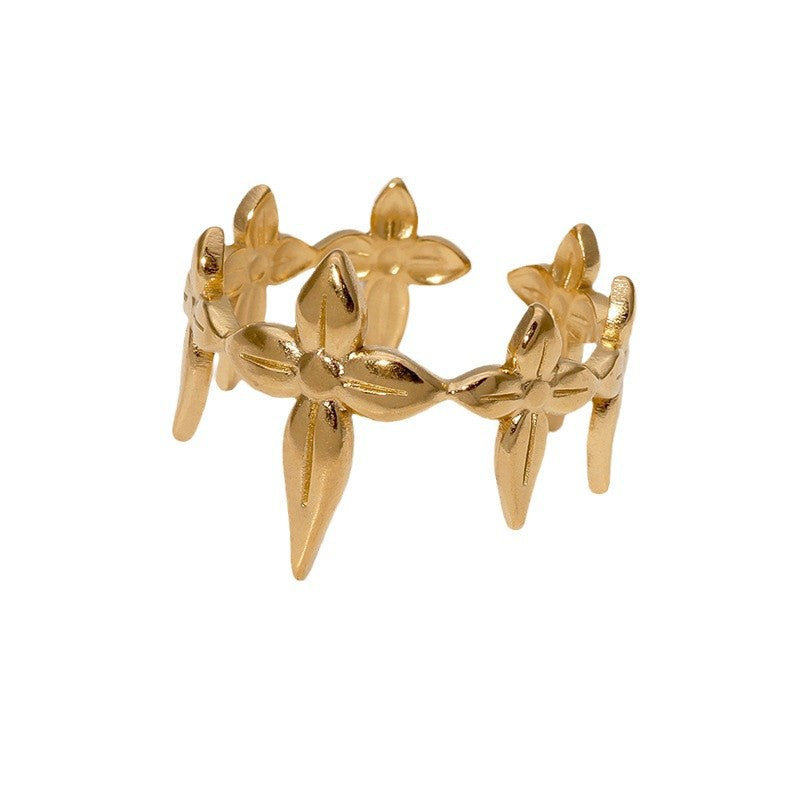 Wholesale leaf all-match light luxury adjustable open stainless steel ring