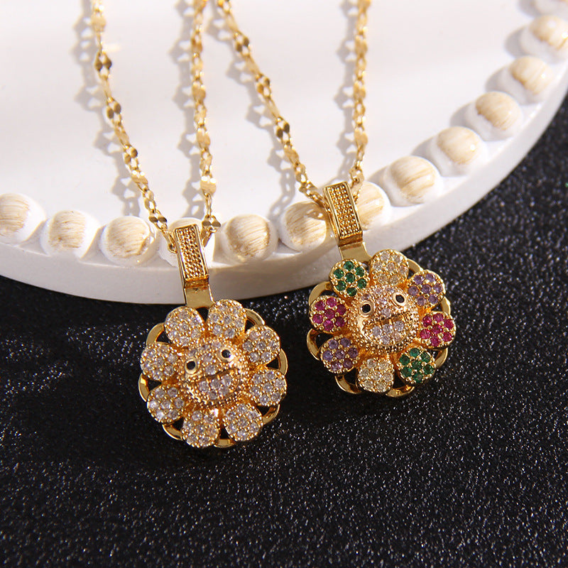 Wholesale rotating flower necklace zircon pendant titanium steel clavicle chain ACC-NE-Rongc001