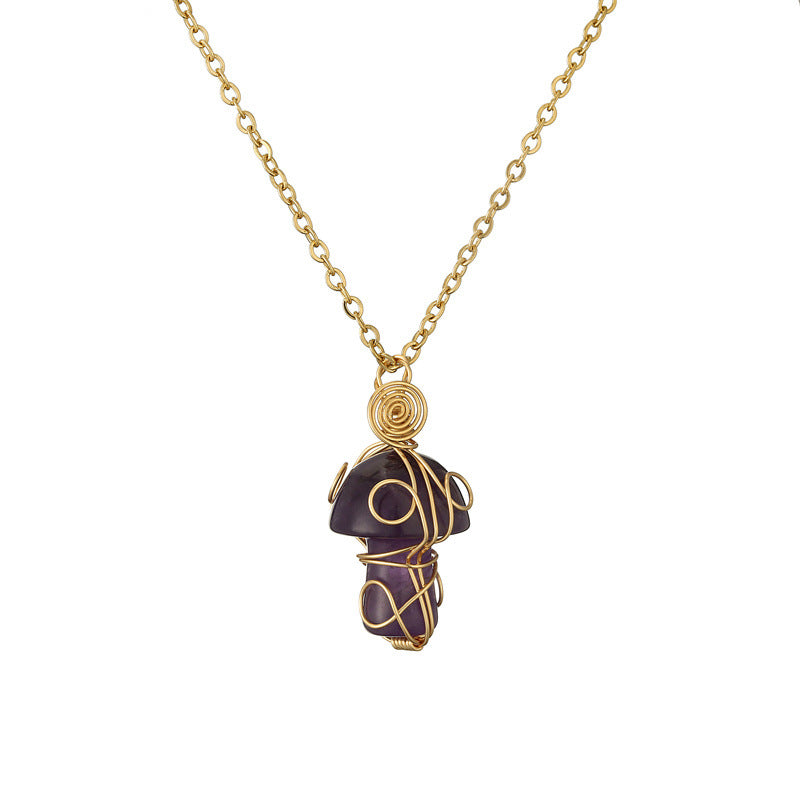 Wholesale Fashion Handmade Wire Wrapped Amethyst Crystal Pendant Necklace Natural Stone Mushroom Design Jewelry Gift