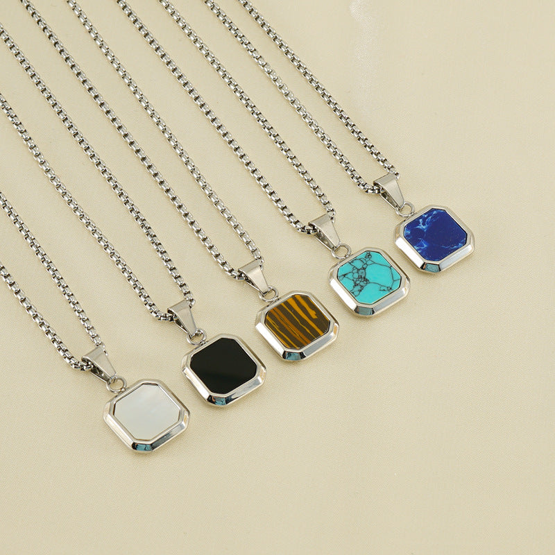 Wholesale Titanium Steel Blue Turquoise Black Square Pendant 18K Necklace ACC-NE-ZhongYao003