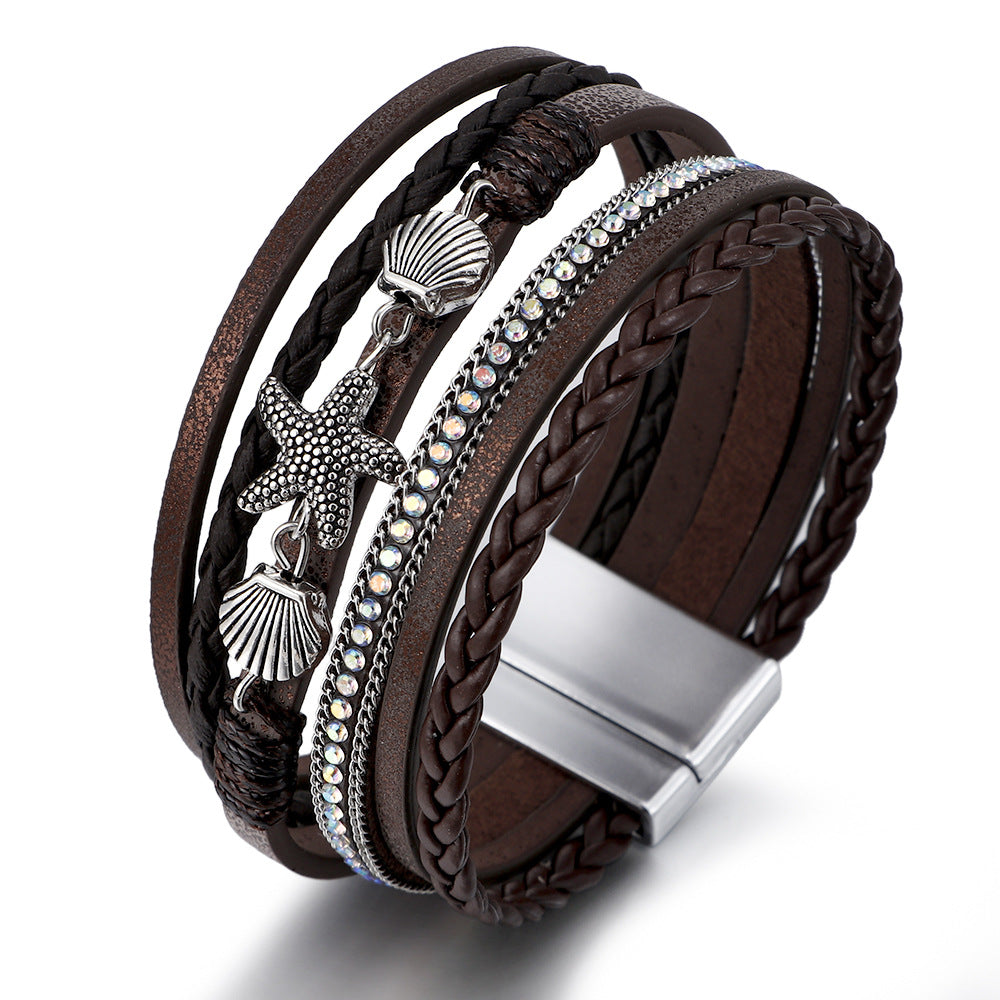 Wholesale Woven Artificial Leather Starfish Shell Bracelet Women S Bohemian Jewelry Accessory