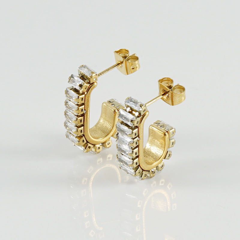 Wholesale  titanium steel U-shaped zircon full diamond earrings