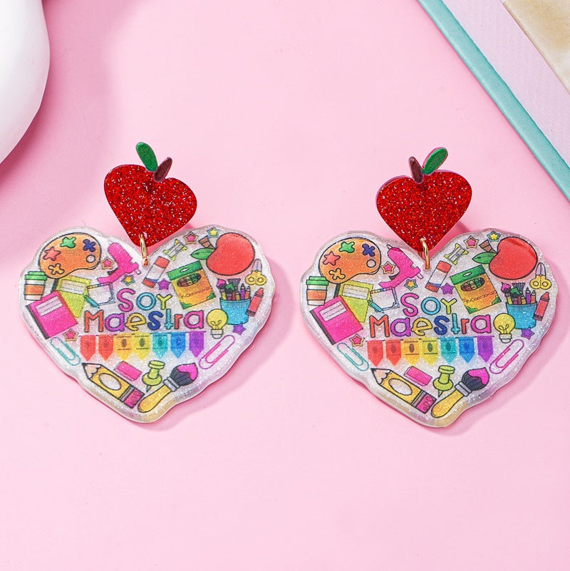 Wholesale Fashion Earrings  Cute Heart-Shaped LettersApple Earrings Teacher' s Day Acrylic Earrings Jewelry