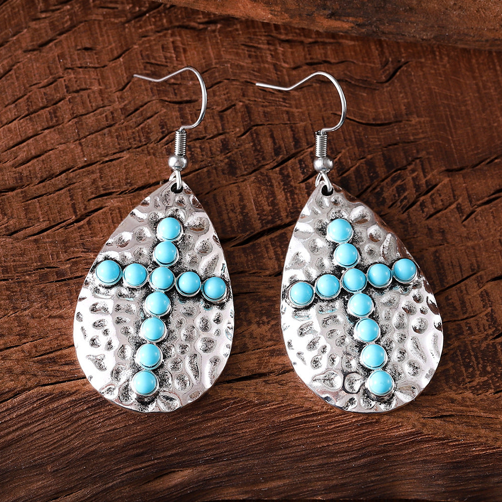 Wholesale Retro Bohemian Geometric Drop-shaped  Turquoise Cross Pendant Earrings