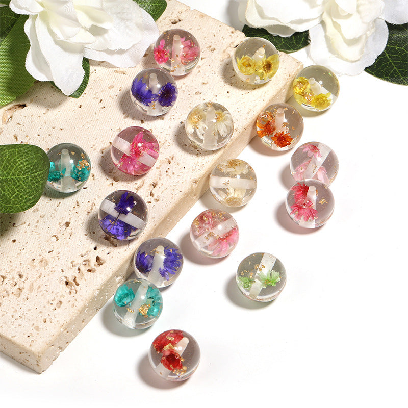 Wholesale Random 50pcs Natural Dried Flower Resin Transparent Gold Foil DIY Pen Keychain Beads ACC-BDS-BLG028