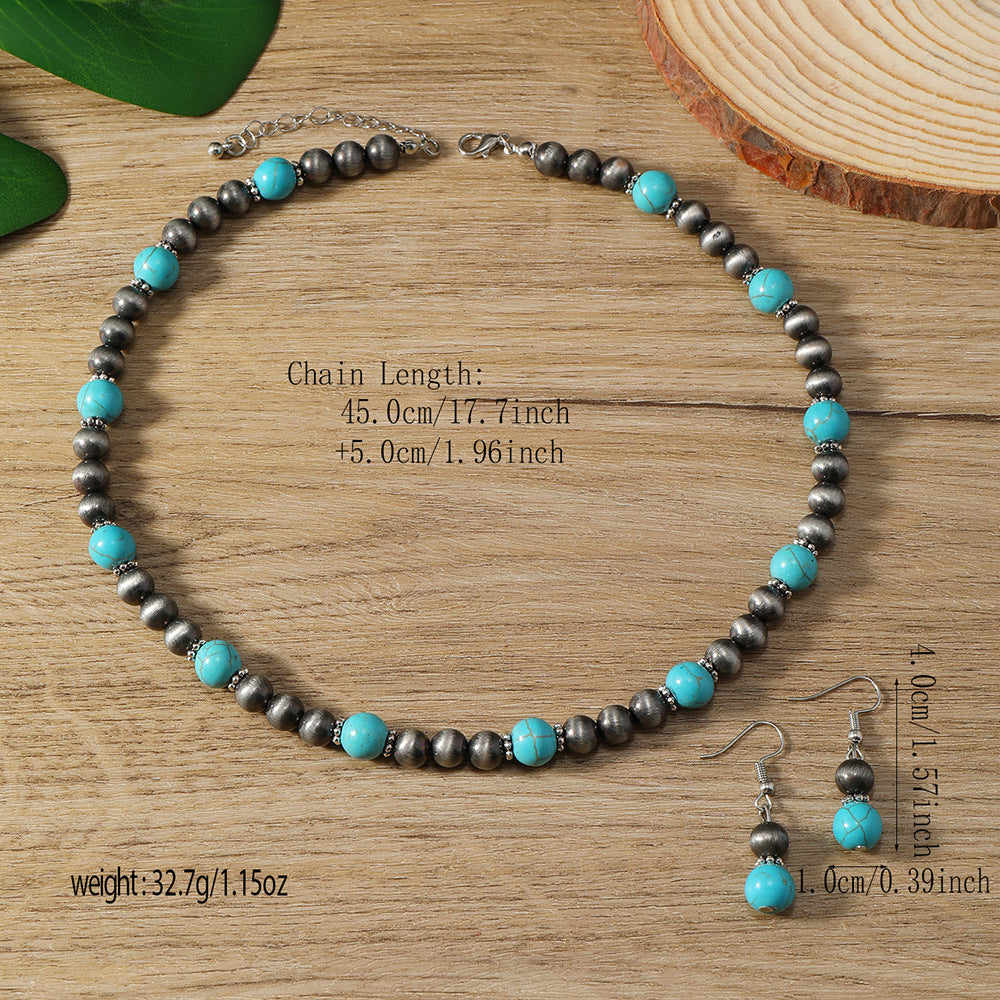 Wholesale  2-piece Set Fashion Turquoise Beaded Women's Earrings Necklace Chain