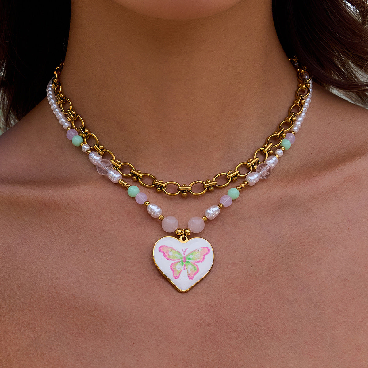 Wholesale  18K Gold Stainless Steel Oil Drop Printed Pearl Necklaces