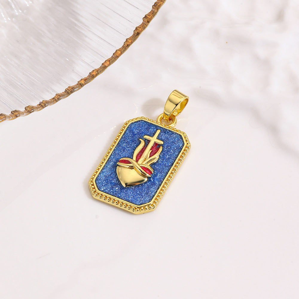 Wholesale square color dripping copper love conch shell eye moon jellyfish tarot pendant necklace