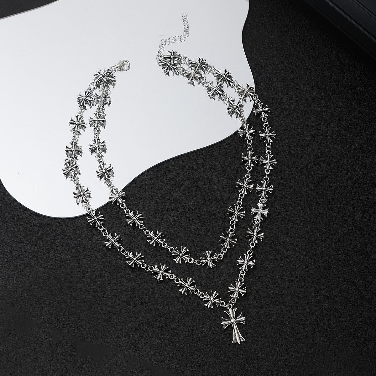 Wholesale Double Layer Cuban Chain Cross Pendant Necklace Zinc Alloy Electroplated Hip Hop Style Fashion Accessory for Men