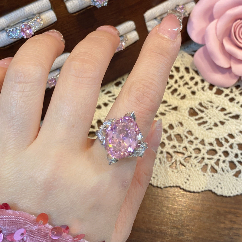 Wholesale Luminous Pink Gemstone Ring 18K Gold Plated Sweet Ring Adjustable Rings ACC-RS-GeLeisi001