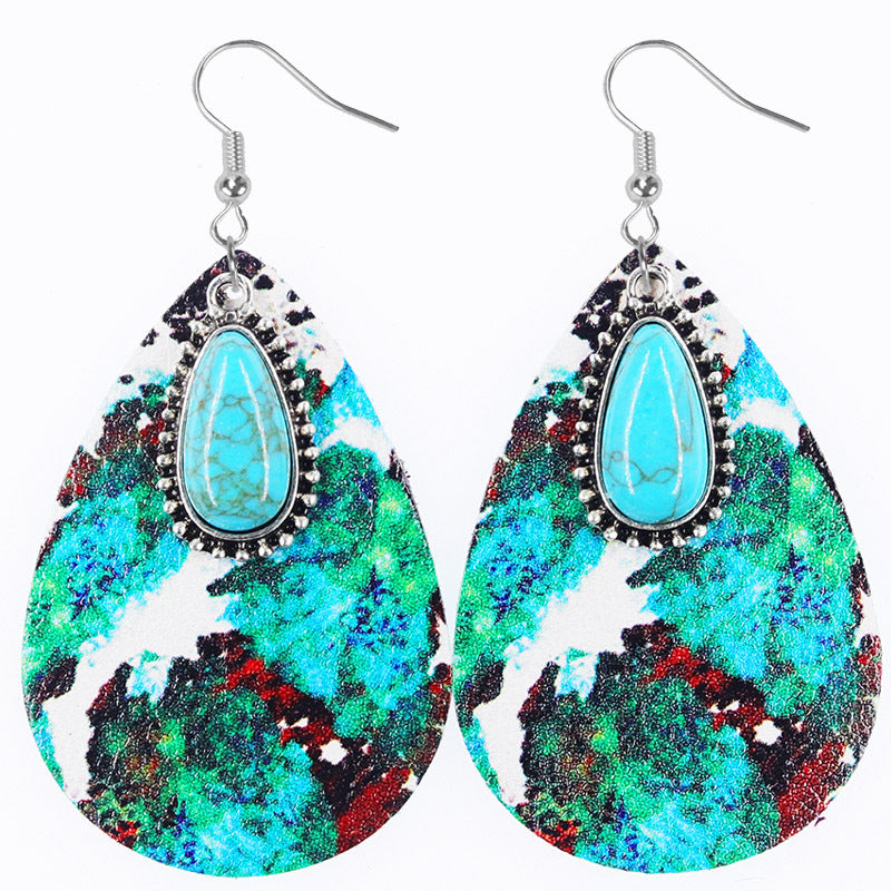 Wholesale Western Denim style Aztec wind drop-shaped leather earrings