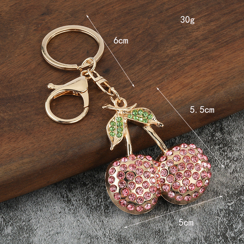 Wholesale Zinc Alloy Cherry Rhinestone Keychain Fruit Key Ring Stylish Bag Charm Gift for Wedding Boutique Resale