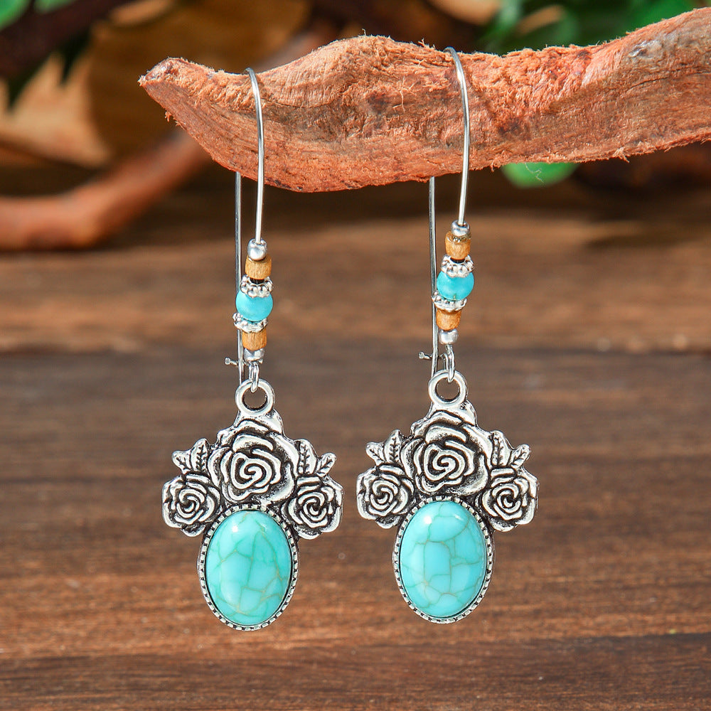 Wholesale Ethnic Style Turquoise Drop Earrings Zinc Alloy Electroplated Boutique Jewelry Accessory