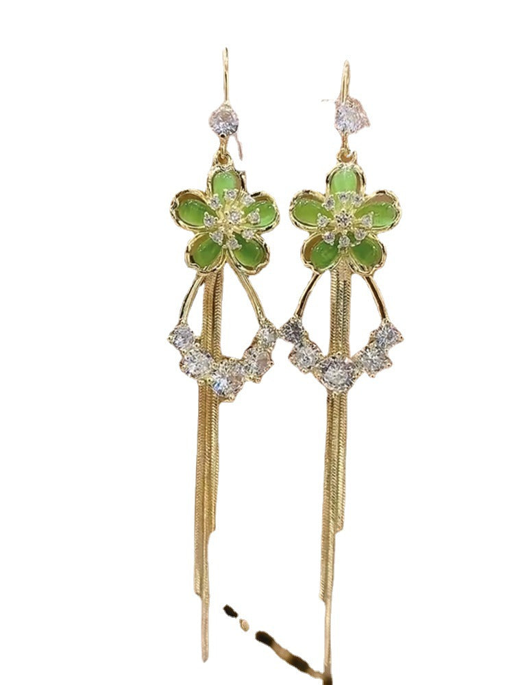 Wholesale Green Cat's Eye Flower Tassel Earrings
