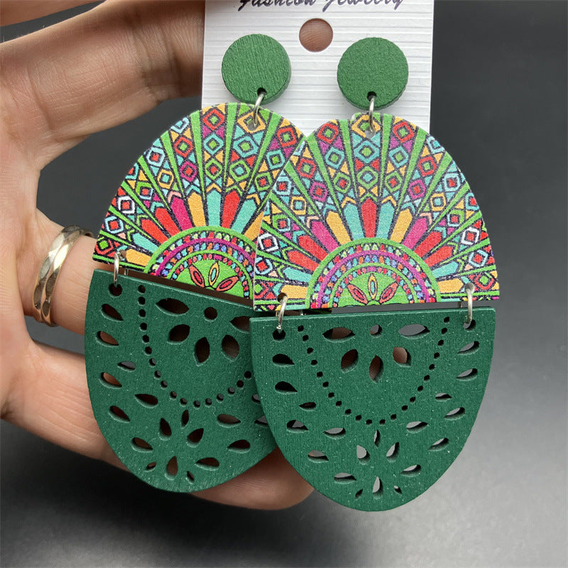 Wholesale Boho Style Cutout Printed Oval Wooden Earrings ACC-ES-FX005