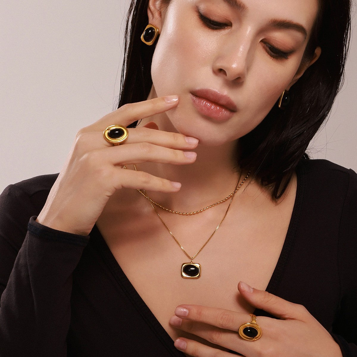 Wholesale Stainless Steel  Natural Black Onyx Earrings Necklace