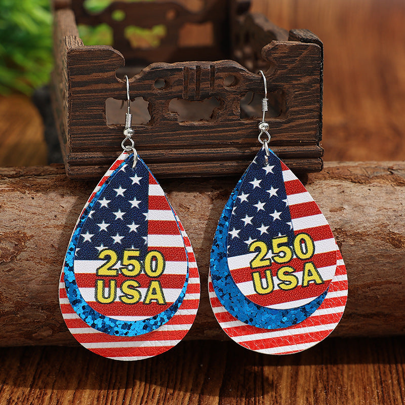 Wholesale American Flag Water Drop 250th Anniversary Party Earrings with Multi Layer Sequins