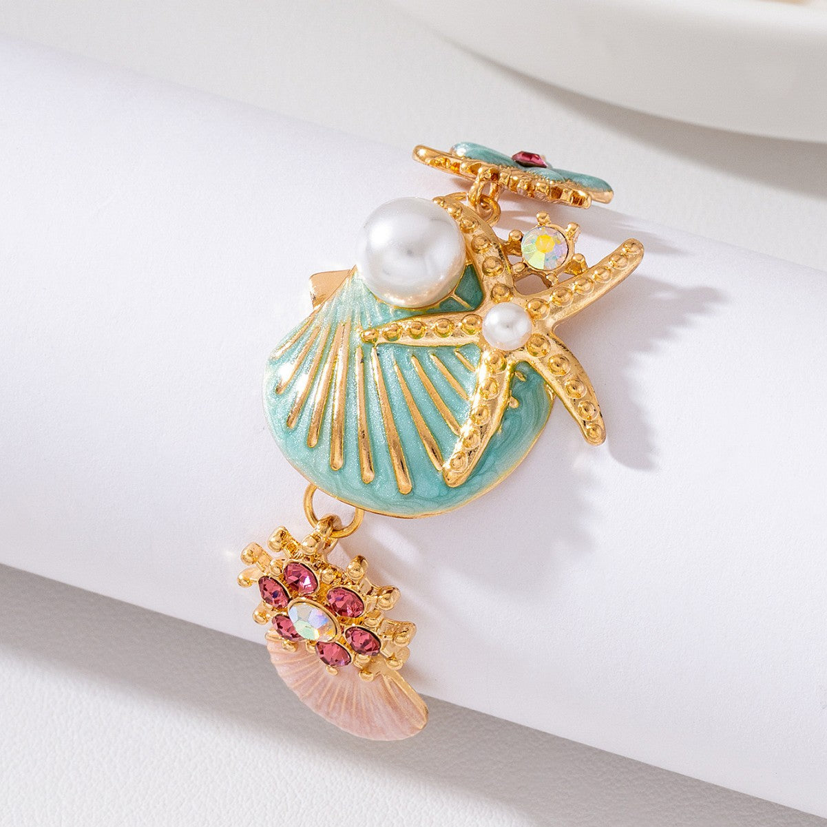 Wholesale Ocean Beach Style Starfish Shell Pearl Bracelet With Rhinestone Flower Pendant Blue Zinc Alloy Women S Vacation Jewelry Accessory