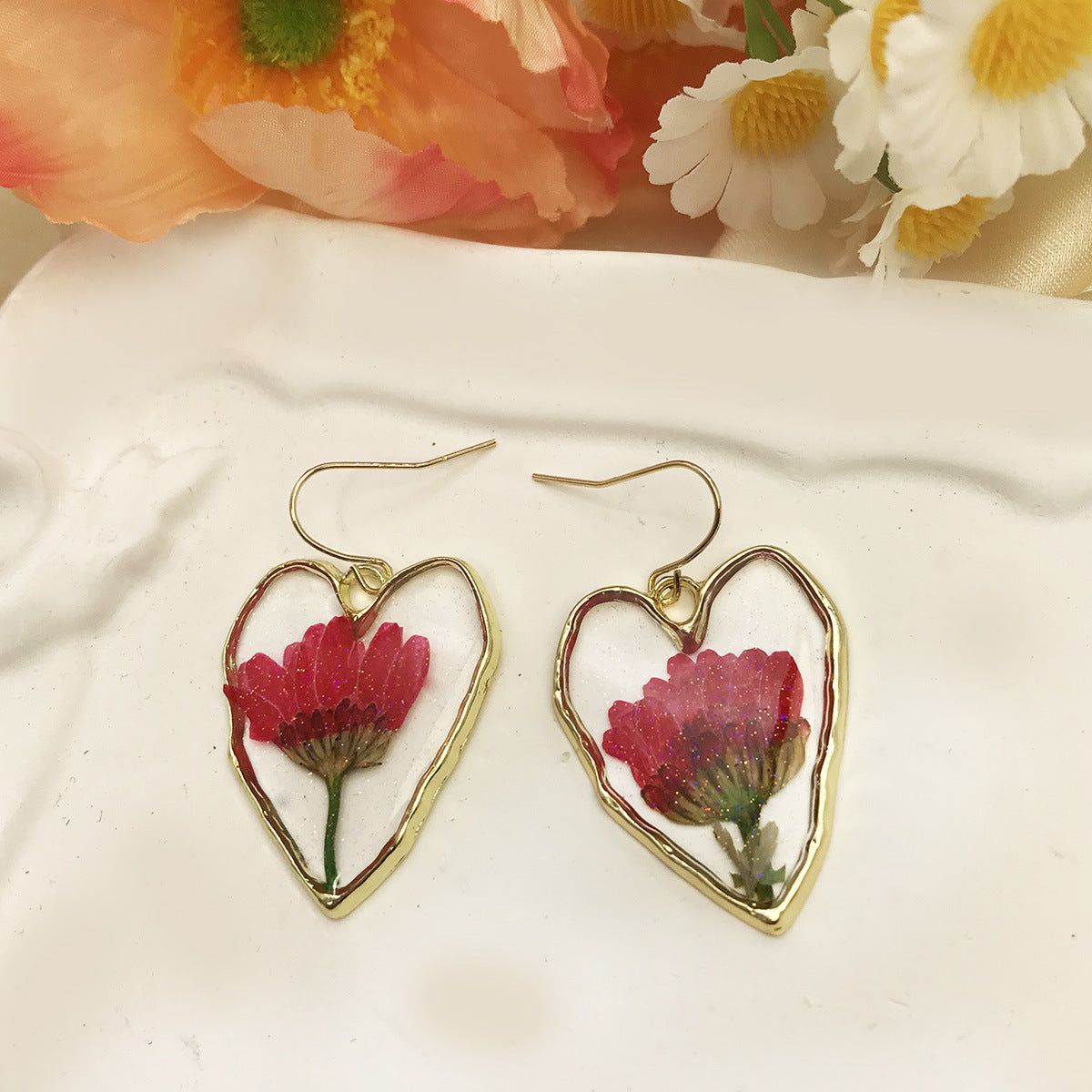 Wholesale Dried flower heart earrings