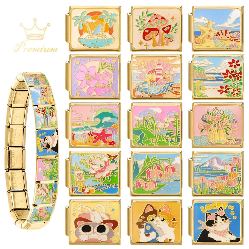 Wholesale Cute Cat Landscape DIY Modular Charm Bracelet Stainless Steel Gold Base Jewelry Accessory