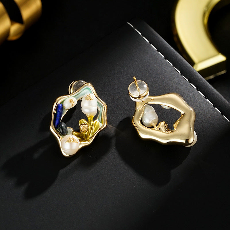 Wholesale Real gold plating silver needle  water pearl flower earrings